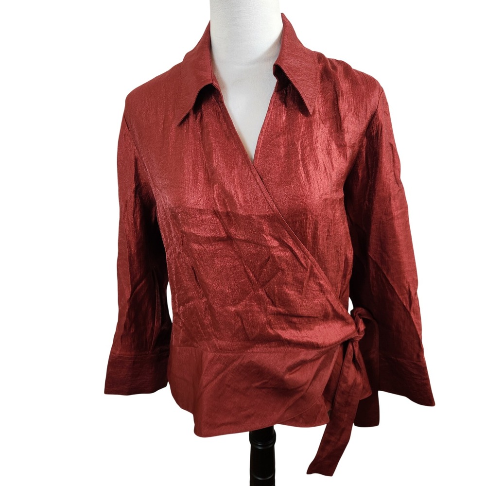 Coldwater Creek Womens Red Metallic Wrap Top Shirt Size L Long Sleeve Tie Front‎